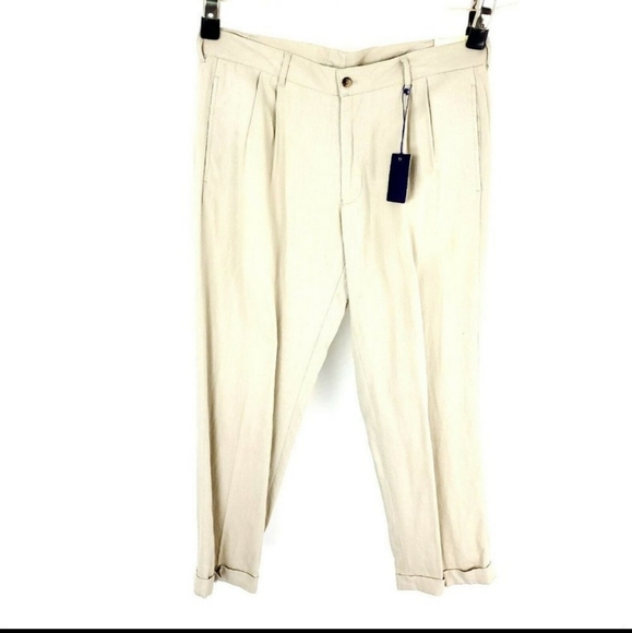 NEW Alan Flusser Linen Rayon Cream Mid Rise Pleated Cuffed 36/30 - Picture 2 of 6